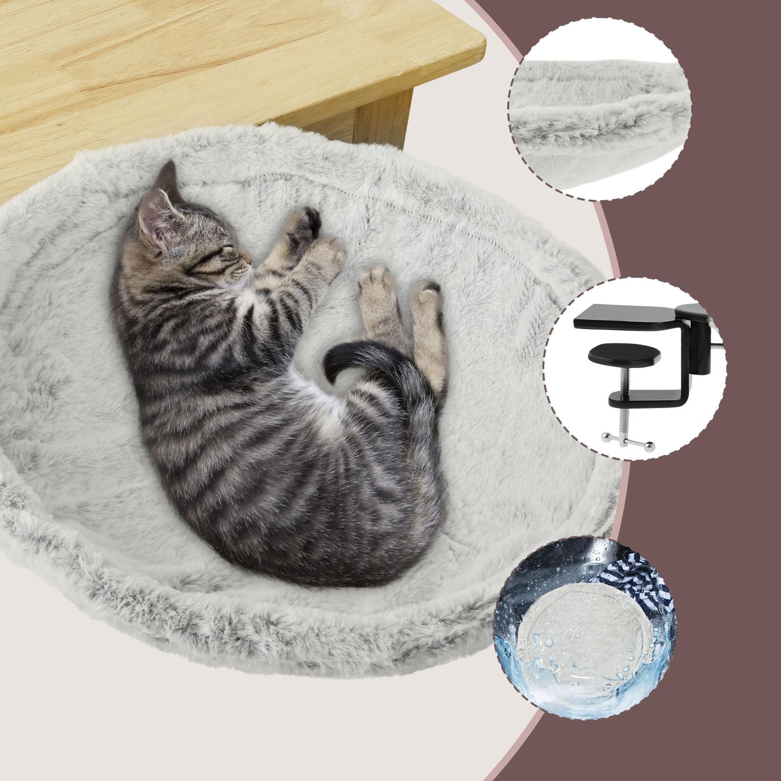 Hamac en peluche pour chat - Forte capacité de charge confortable - Lit de bureau pour chat - Support stable - Peu encombrant - Hamac de fenêtre - Lit suspendu pour chat jusqu'à 18 kg (gris)