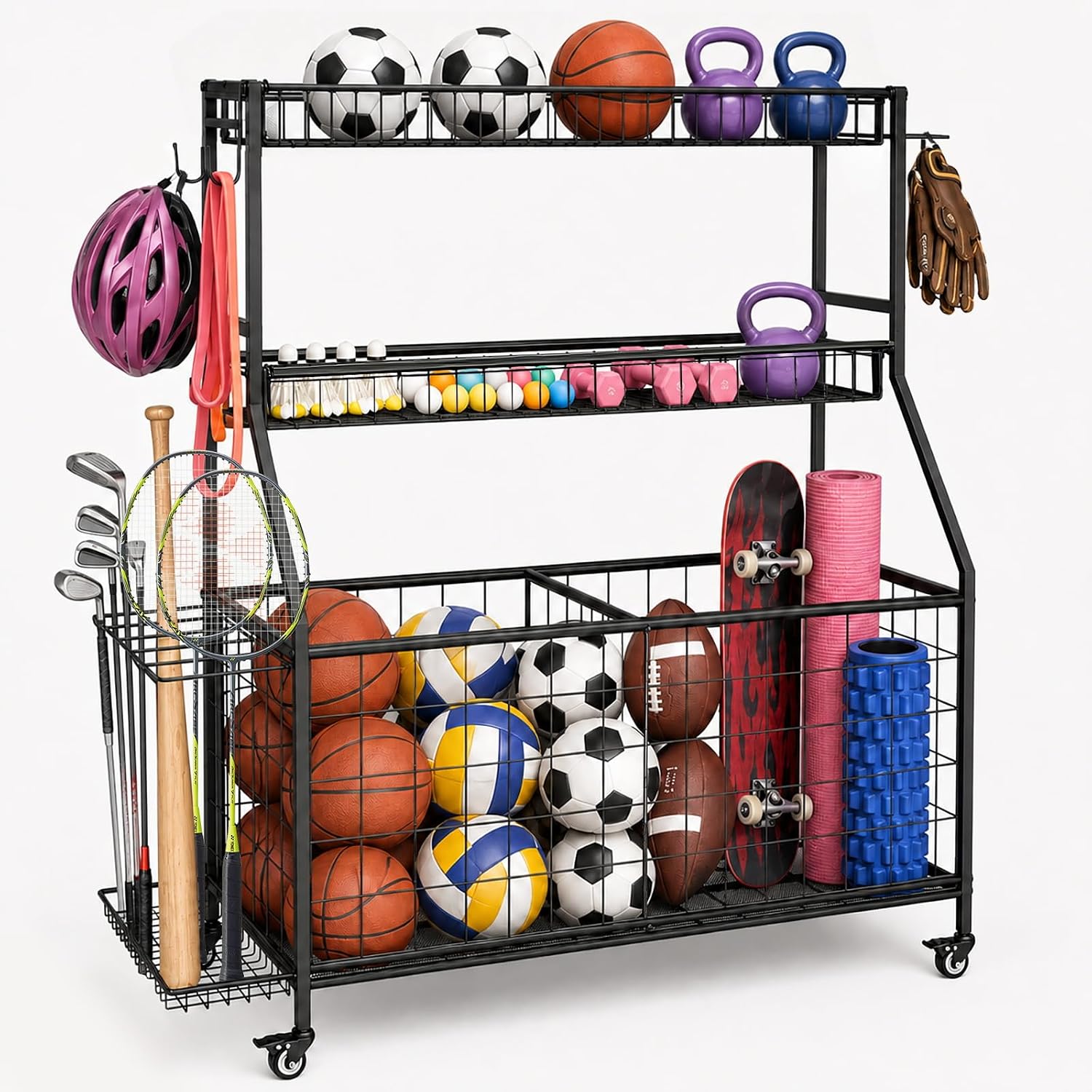 Sports & Outdoor Toy Storage System: Comprehensive Ball Storage Organizer for Garage Organization, Multi-Tier Rolling Rack with Accessory Hooks and Bat Holders, 46" x 16.8" x 42.9"