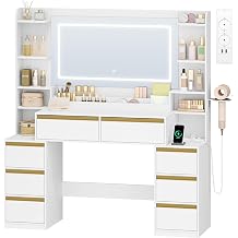 Hexcelen 135 cm Dressing Table with Large Mirror White/Gold Dressing Table and Hair Dryer Holder 8 Drawers Open Compartments 135   40   145.2 cm