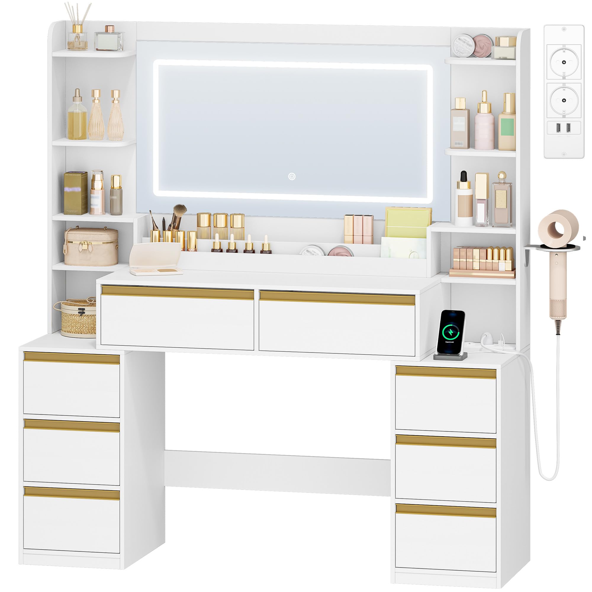 HEXCELEN Schminktisch mit Großer Spiegel, Frisiertisch und Haartrocknerhalter, 8 Schubladen, Offenen Fächern, Moderne Schminktisch