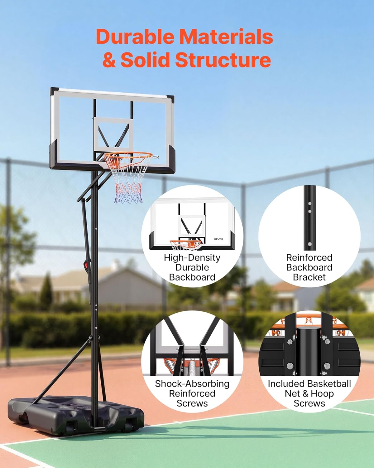 VEVOR Basketball Hoop, 10 ft Adjustable Basketball Portable Hoop & Goal, Portable Basketballs Hoop, 54 inch PC Backboard & Wheels for Kids, Teens, Adults, Basketball Court, Driveways, Pools, Schools