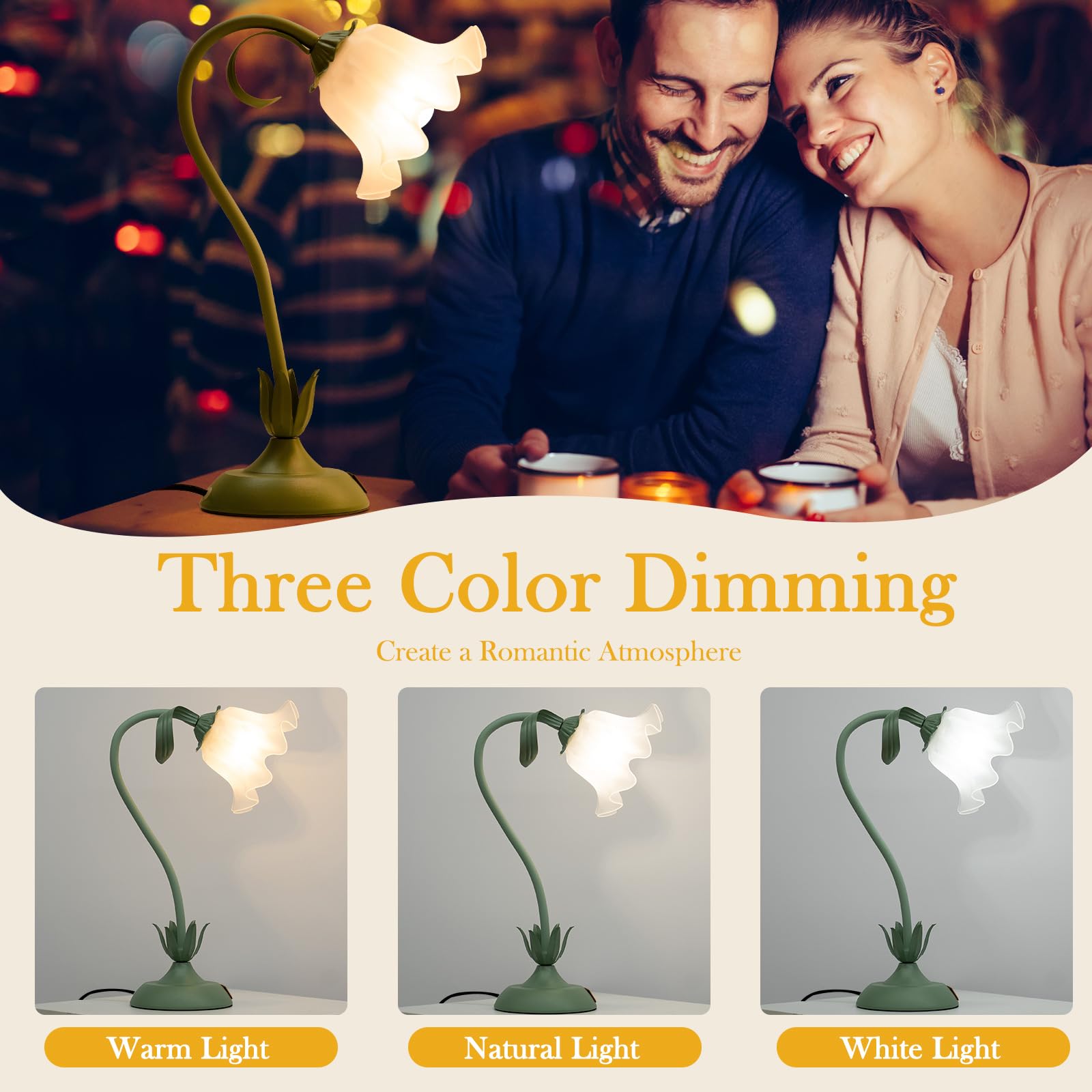 Schreibtischlampe Glas Blume, Vintage Nachttischlampe mit 3 Farbtemperaturen, Grüne Tischleuchte mit Flexiblem Arm, für Schlafzimmer, Wohnzimmer