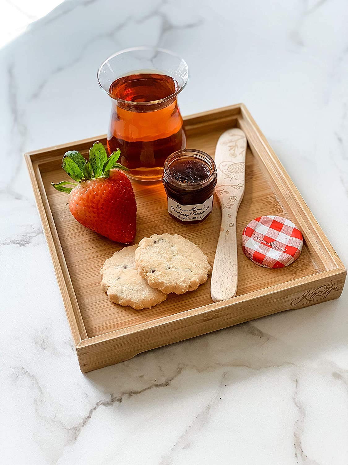 KOZY Tea Serving Tray 100% Organic Bamboo Wood Finish - Hand-made Square Modern Portable - Breakfast Brunch Bedroom Kitchen Decoration (Organic Bamboo- Set of 4)