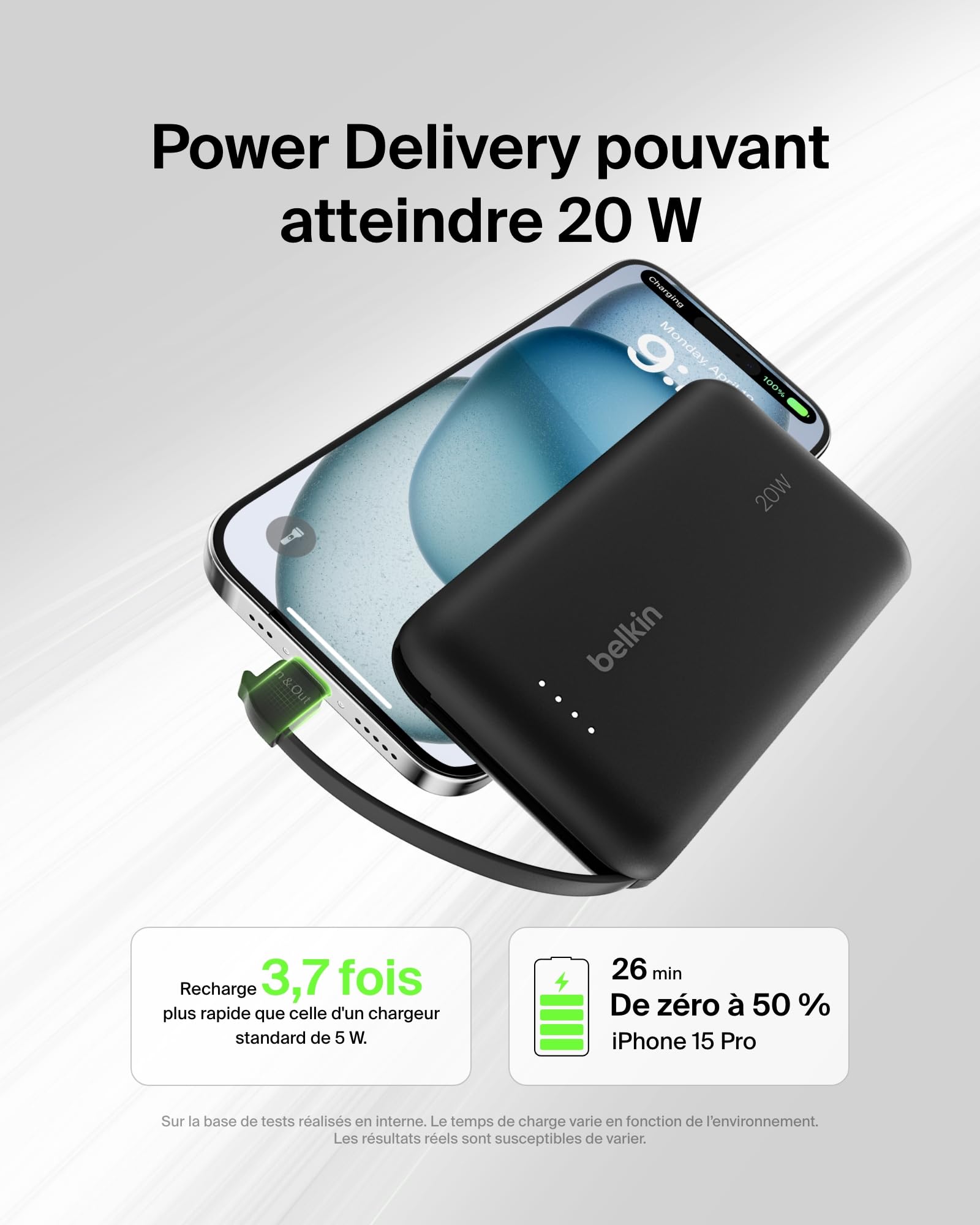 Belkin BoostCharge Batterie Externe 10 000 mAh Portable avec câble intégré (PD 20 W, Recharge Rapide USB-C Power Delivery, pour Tous Les modèles de l'iPhone 16/15, iPad Pro, Galaxy S24, etc.)