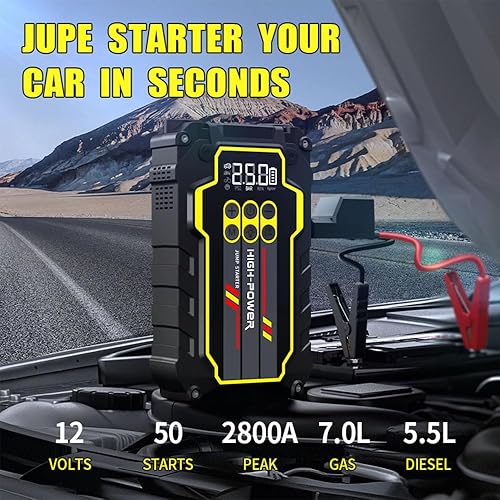 Miniatura 6 de Jump Starter 2800A 12V Batería de coche Booster Pack (hasta 7.0L Gas, 5.5L Diesel), banco de energía portátil con compresor de aire, linterna LED de