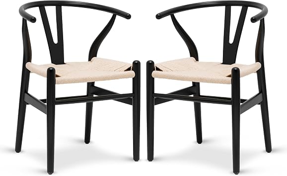 Poly & BARK Weave Dining Chairs Mid-Century Modern Wishbone Dining Chairs with Arms, Solid Wood Frame, Indoor Use Black Set of 2 - Ideal for Dining Room, Kitchen or Stylish Accent Setting