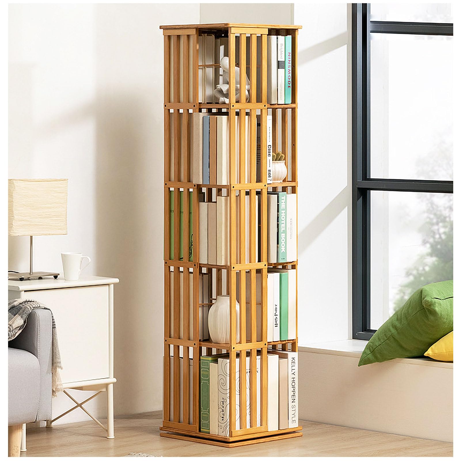 Lshtshf-Ou Natural Wood 360 Display Rotating Bookshelf Bamboo Organizer Wooden Bookcase Corner Tall Book Shelf Modern With Open Design Shelving Unit(,5Th Floor-Tier)