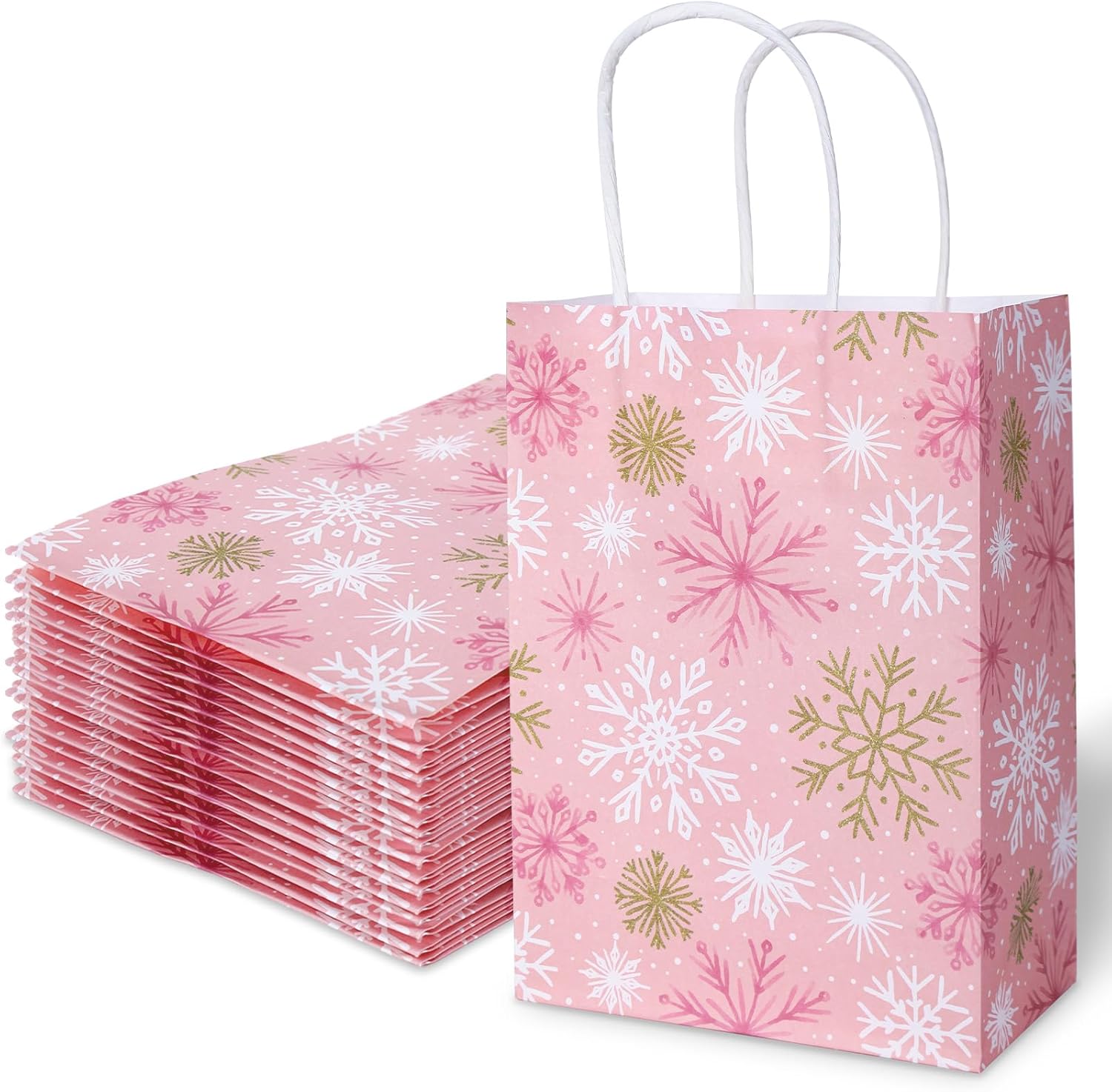 24Pcs Christmas Paper Gift Bags with Handles Gold Pink Winter Snowflake Party Favor Bags Candy Goodie Treat Bags for Xmas Holiday Party Supplies