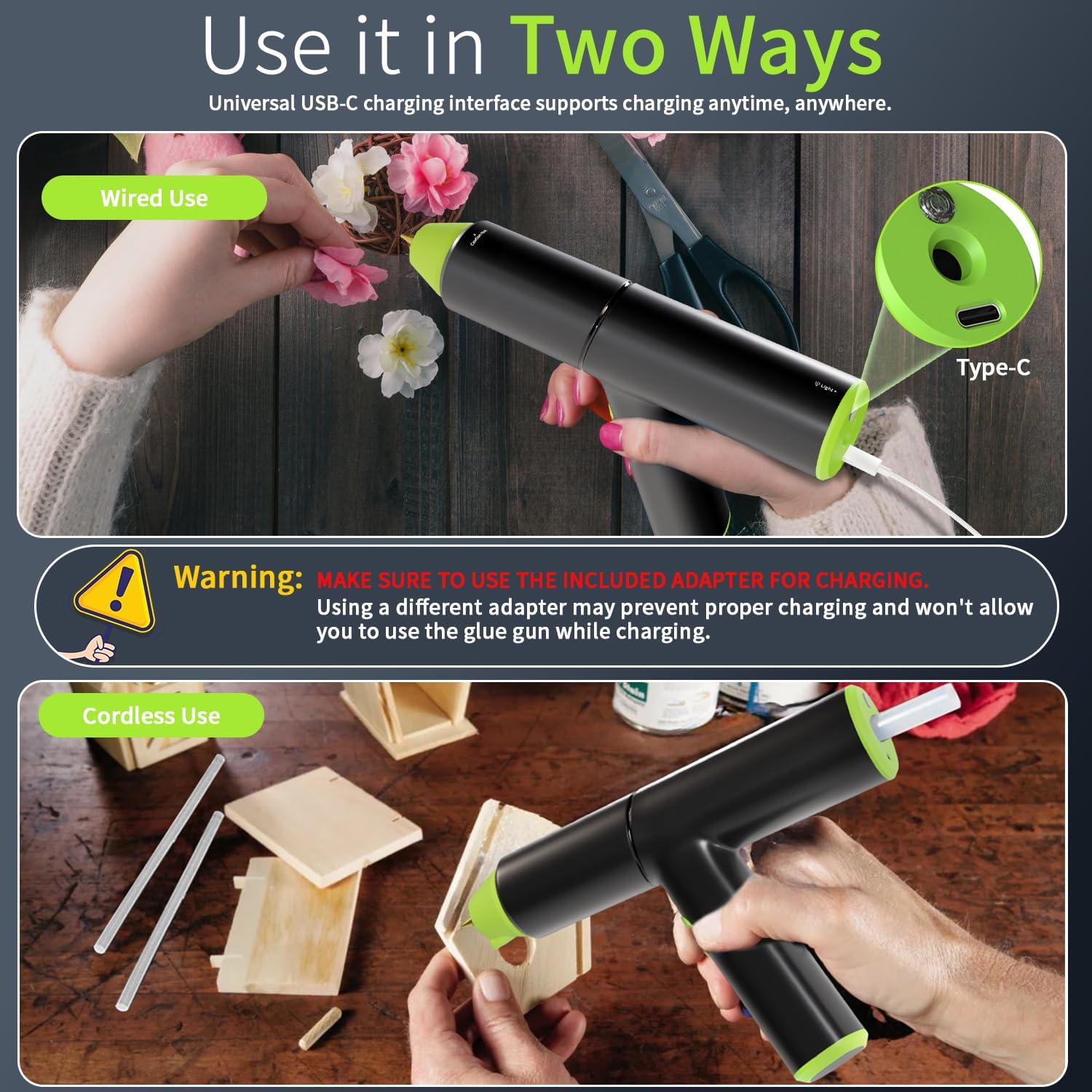 Hot Glue Gun Kit, Cordless Glue Gun with Stand USB Rechargeable Fast Preheating Auto Shut-Off Mini Hot Melt Glue Gun Tool for DIY Crafts Arts School Home Quick Repair (Green)