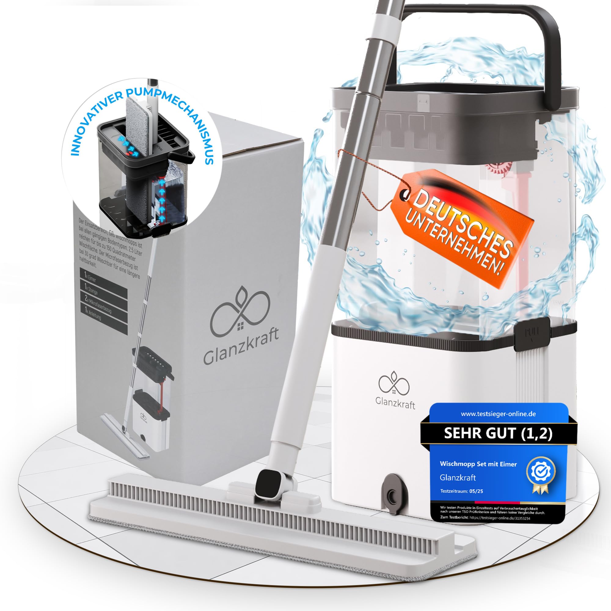 Wischmopp Set mit Eimer – Bodenwischer / Nasswischer mit 2-Kammer-System – Wischmopp & Mop Set mit Pumpfunktion – hygienischer Wischeimer – 2,5L – Putzset