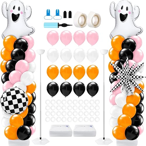 Miniatura 34 de Kasyat Juego de 2 soportes de columna de globos de discoteca de los años 90 y 80 con bola de discoteca, nota musical, globo de estrella explosiva de