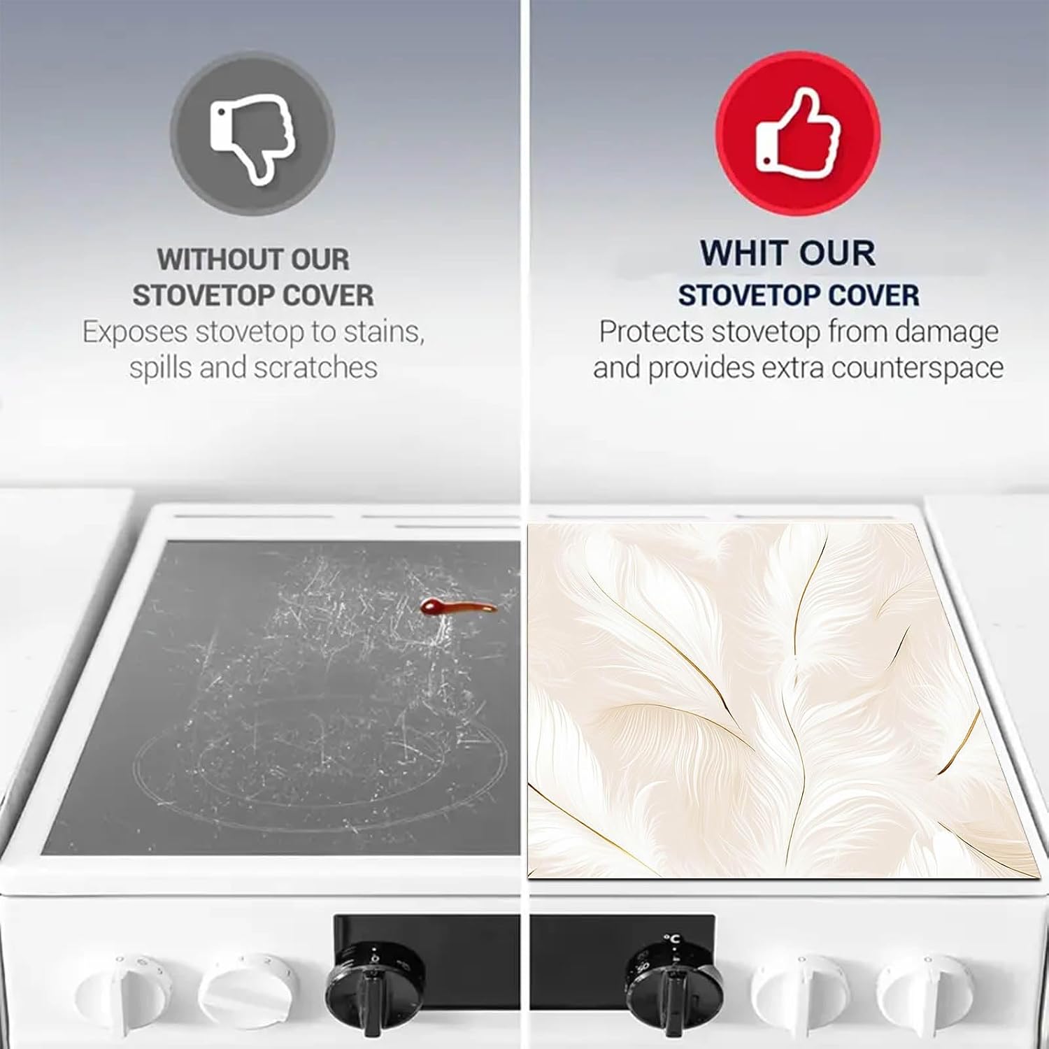 HOMETITUTE White Feather Stove Top Cover 28x20 Inch Diatomite Glass Stovetop Decorator Mat Kitchen Decor Electric Stove Glass Top Cover Heat Resistant Pad Coffee Bar Dish Drying Mat