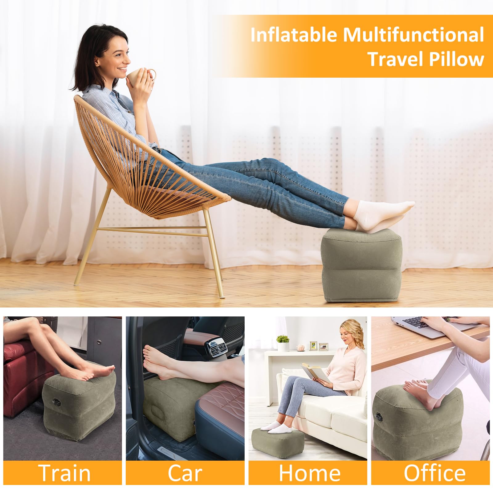 Almohada inflable con reposapiés para viajes, altura ajustable, con máscara para los ojos y tapones para los oídos para niños y adultos en avión, automóvil, tren, oficina y hogar (gris, 1 unidad) 7