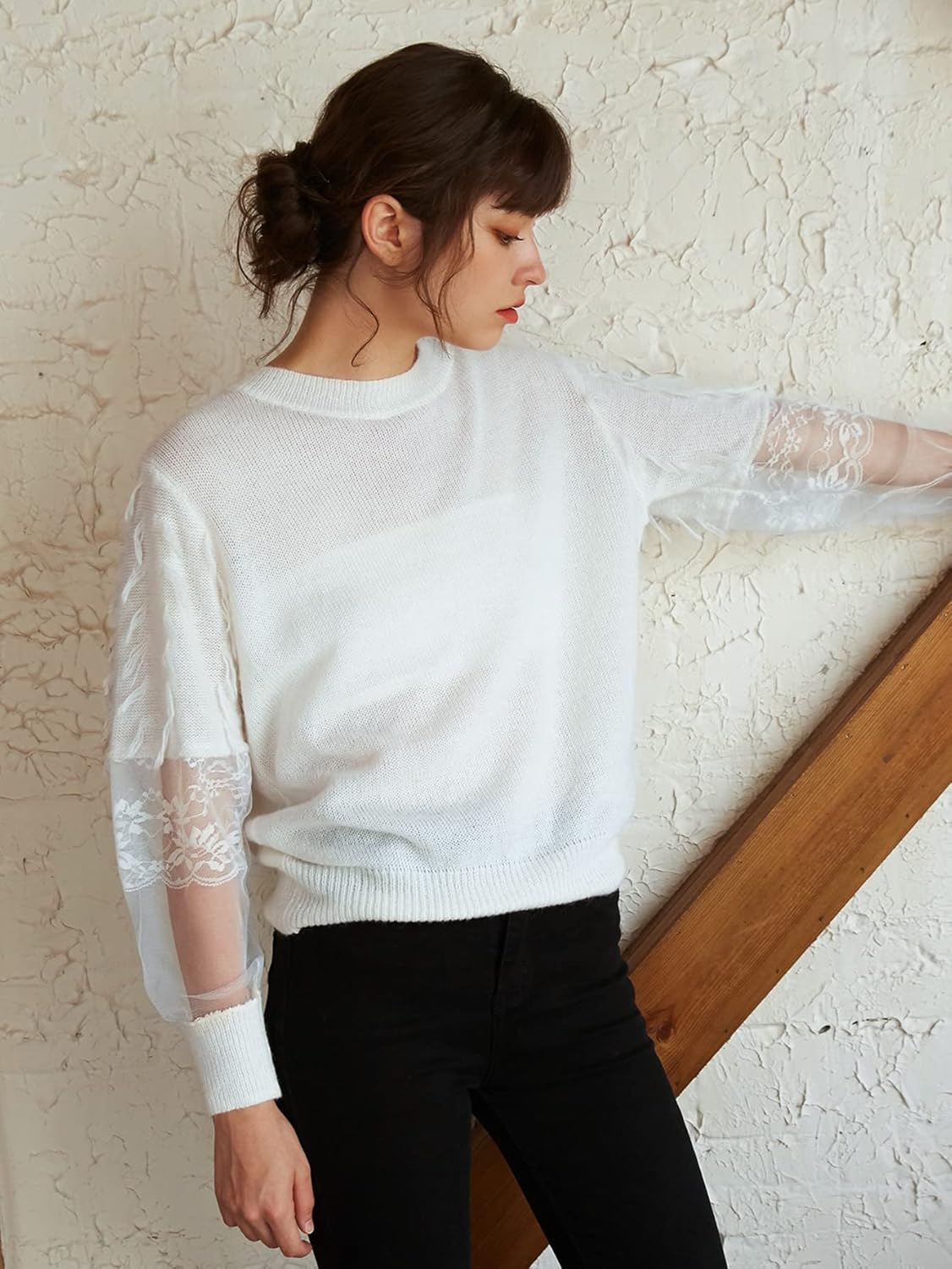 Women's Sweater Contrast Lace Fringe Trim Sweater Sweater for Women (Color : Beige, Size : Medium)