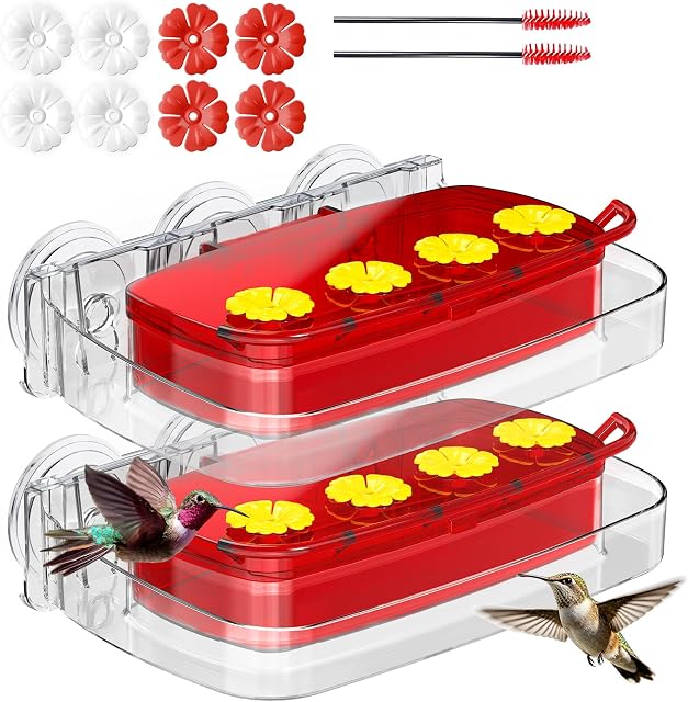 2 Fenêtre de paquet Colibri nourrisseur avec coupe à aspiration forte, Colibouillère en plastique pour l'extérieur, Moat intégré, facile à nettoyer et à refiler (10oz) (2, Rouge)