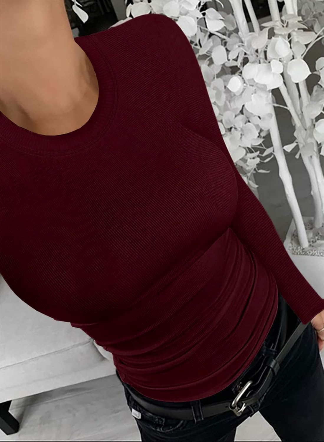 Womens Ribbed Long Sleeve Shirts Tops Fitted Tshirts Basic Slim Fit Tight Tee Shirt Fall Going Out Top Fall 2025 - Image 2