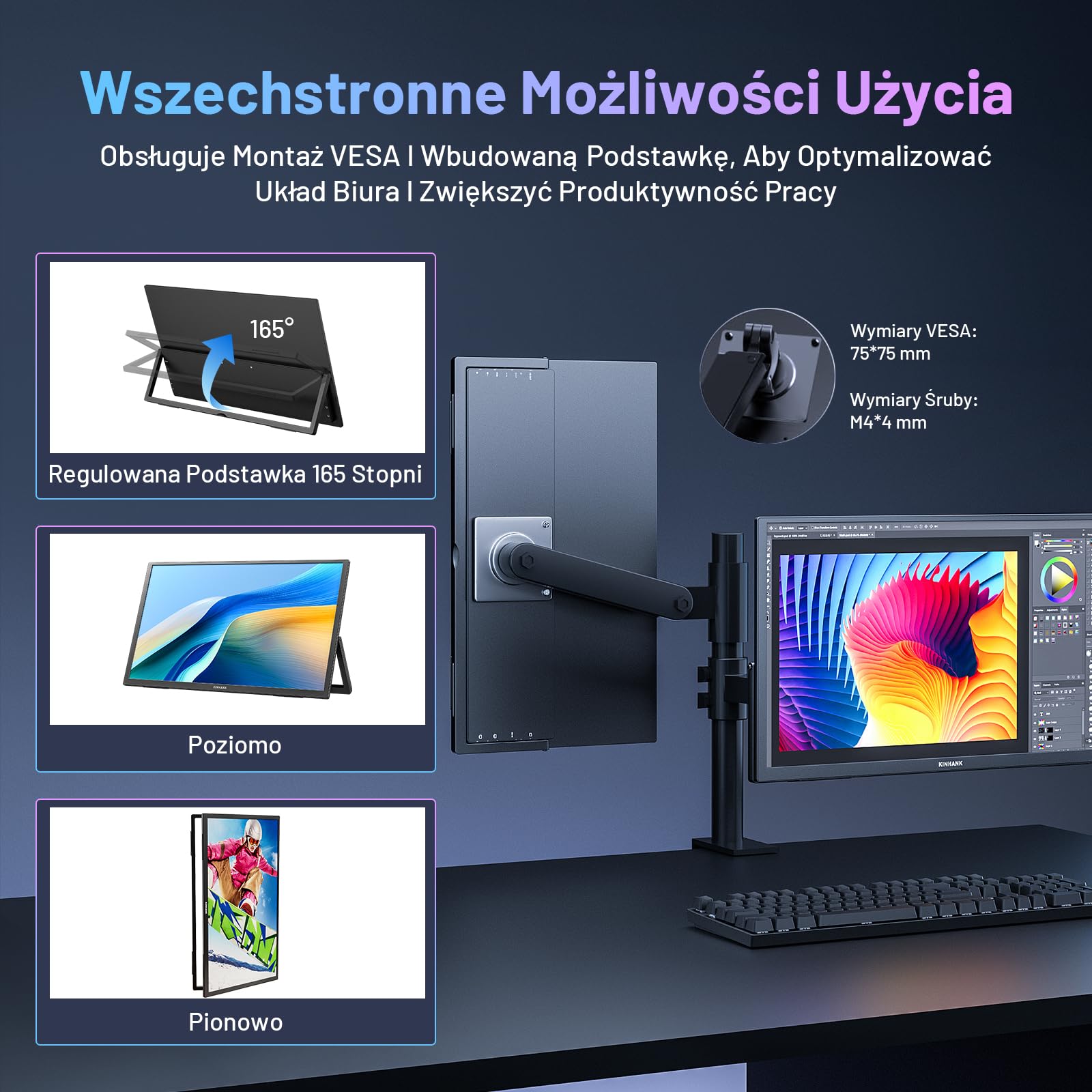 Przenośny monitor 4K 18", 3840 × 2160 UHD, przenośny monitor z systemem GTV OS, HDR, 85% NTSC, USB-C i HDMI, zewnętrzny ekran do komputera, komputera, PS5, PS4, Xbo/telefonu/konsoli do gier