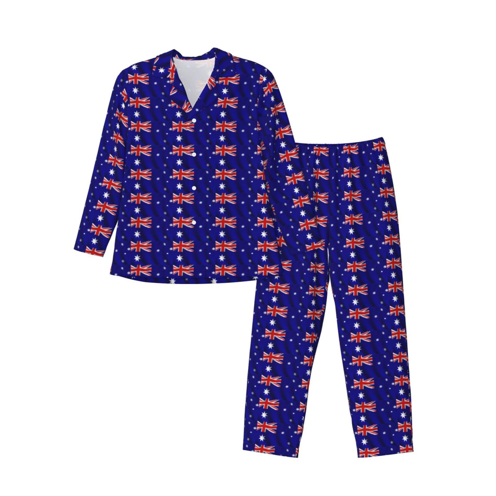 Herren-Pyjama-Set mit australischer Flagge, langärmelig, zweiteilig, Hauskleidung, bequeme Nachtwäsche