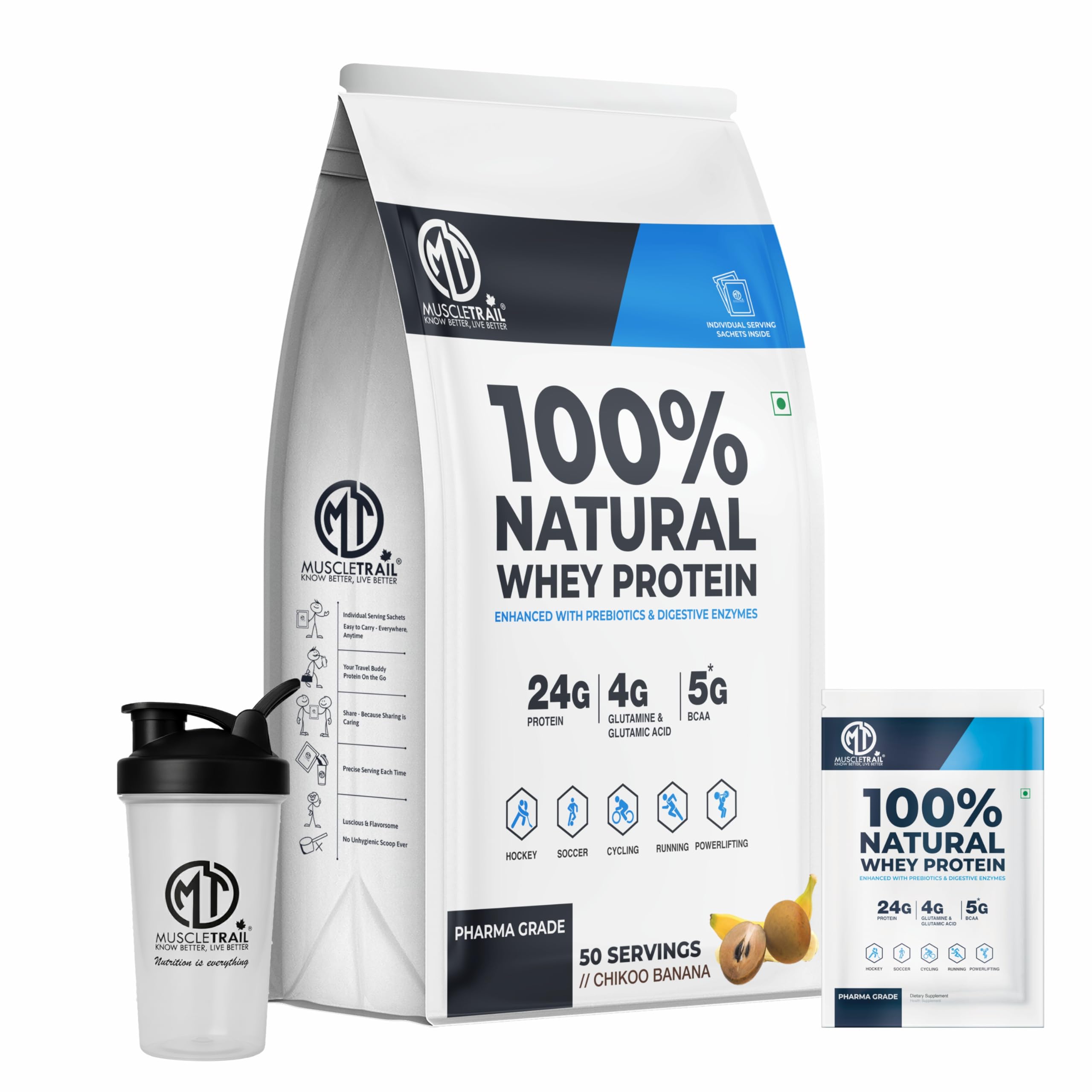 MuscleTrail Pharma Grade 100% Natural Whey Protein Powder | 24g Protein, 4g Glutamine, 5g BCAA | Isolate Source, Low Carb | Muscle Gain & Recovery Supplement | 50 Sachets + Premium Shaker Bottle (Vanilla) — Amazon image 15