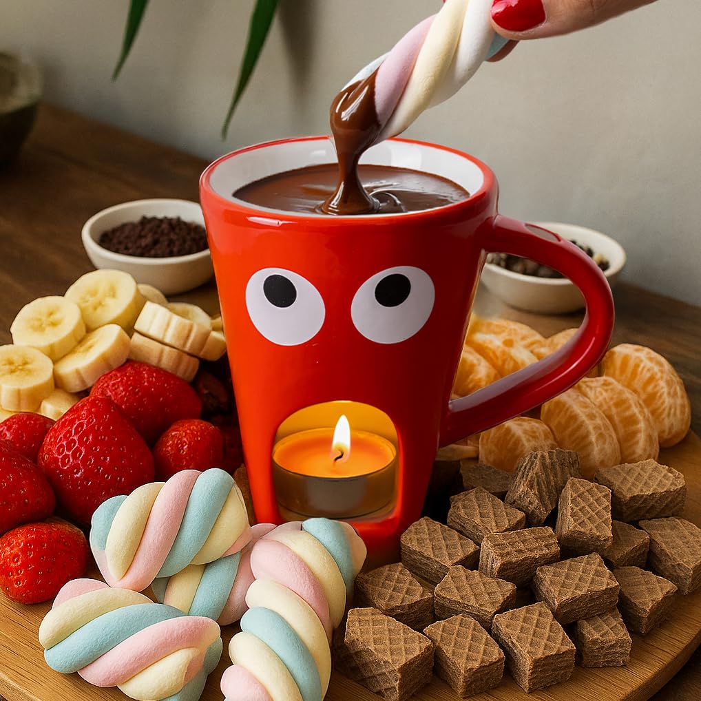 Fisura – Taza fondue chocolate original. Fondue de queso con taza y tenedor. Taza roja con estampado de ojos para fondue. Taza original para regalo. 140 mililitros