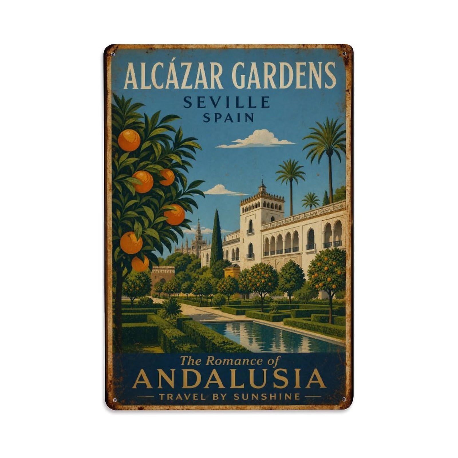 Yrnq 08X12inch Vintage Style Vintage Alcazar Gardens Orange Trees Courtyard Spain Metal Tin Sign