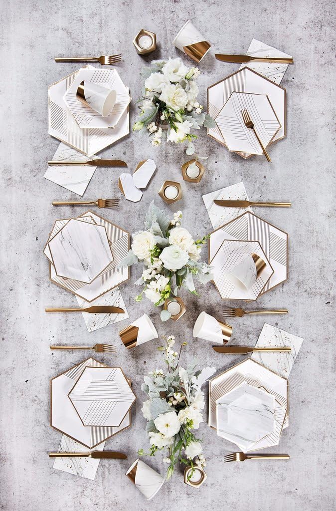 Harlow & Grey Blanc White Gold Striped Large Paper Plates - Birthday, Wedding, Showers Disposable Party Plates - (24 Count)