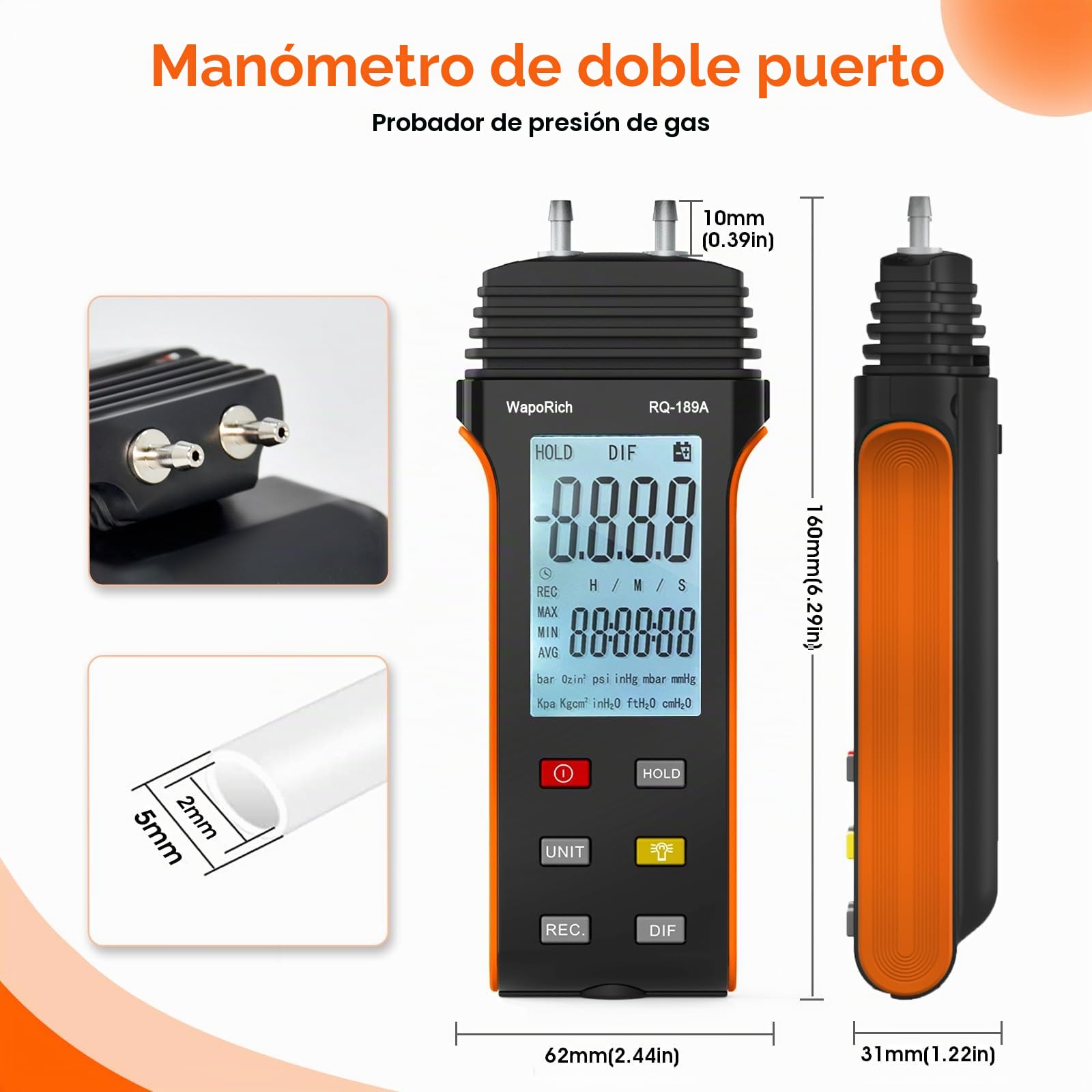 Medidor de Presión Diferencial, WapoRich Manómetro Digital ±13,79 kPa con Doble Puerto, 11 Unidades, Medidor de Presión de Aire del Manómetro Diferencial de Presión para HVAC RQ-189A