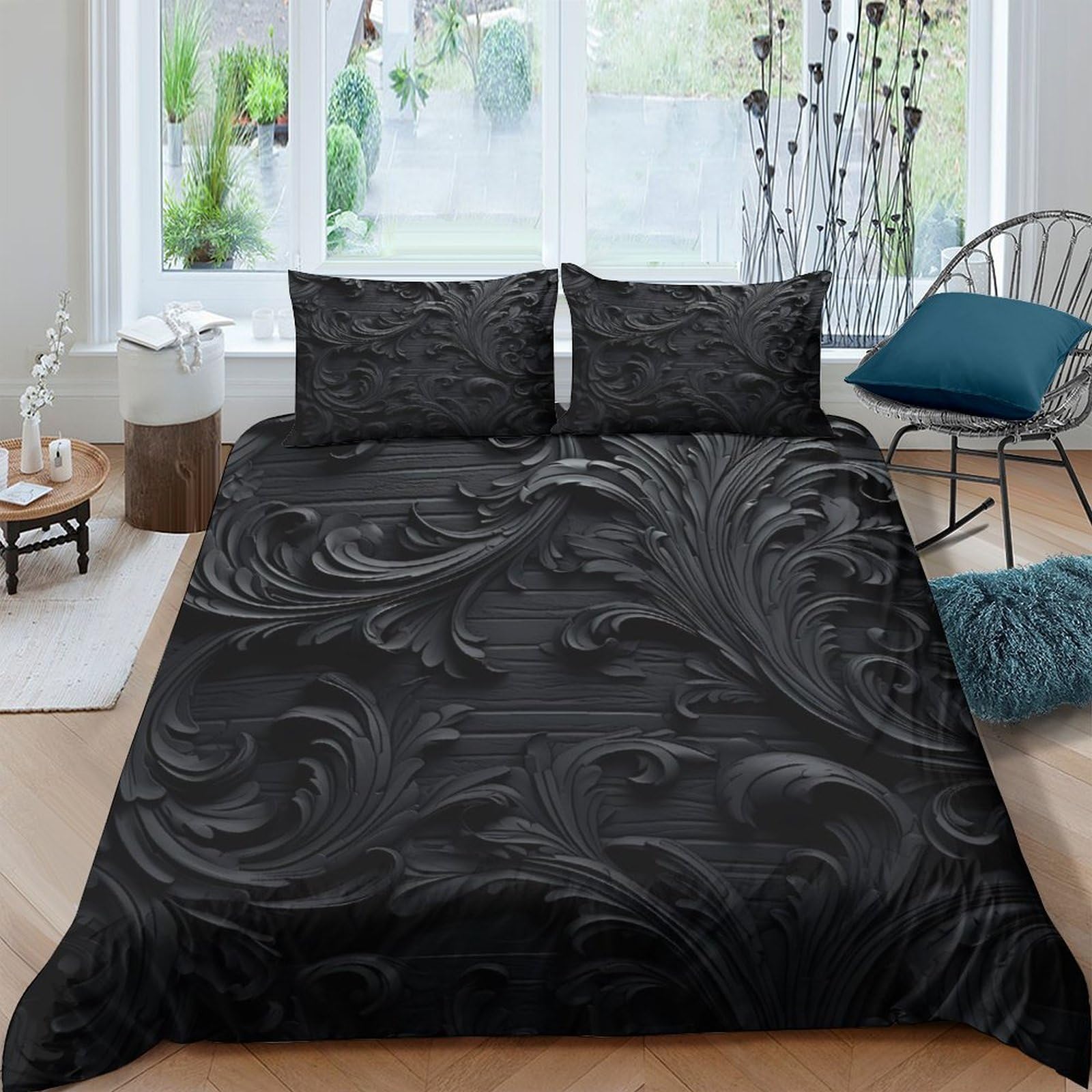 Ctjqhvkz Style-3 3D Printed Baroque Swirl Fitted Sheet Microfiber Decorative Black Floral Mattress Cover For Bedroom Dorm Guest Room Single（135X200cm）