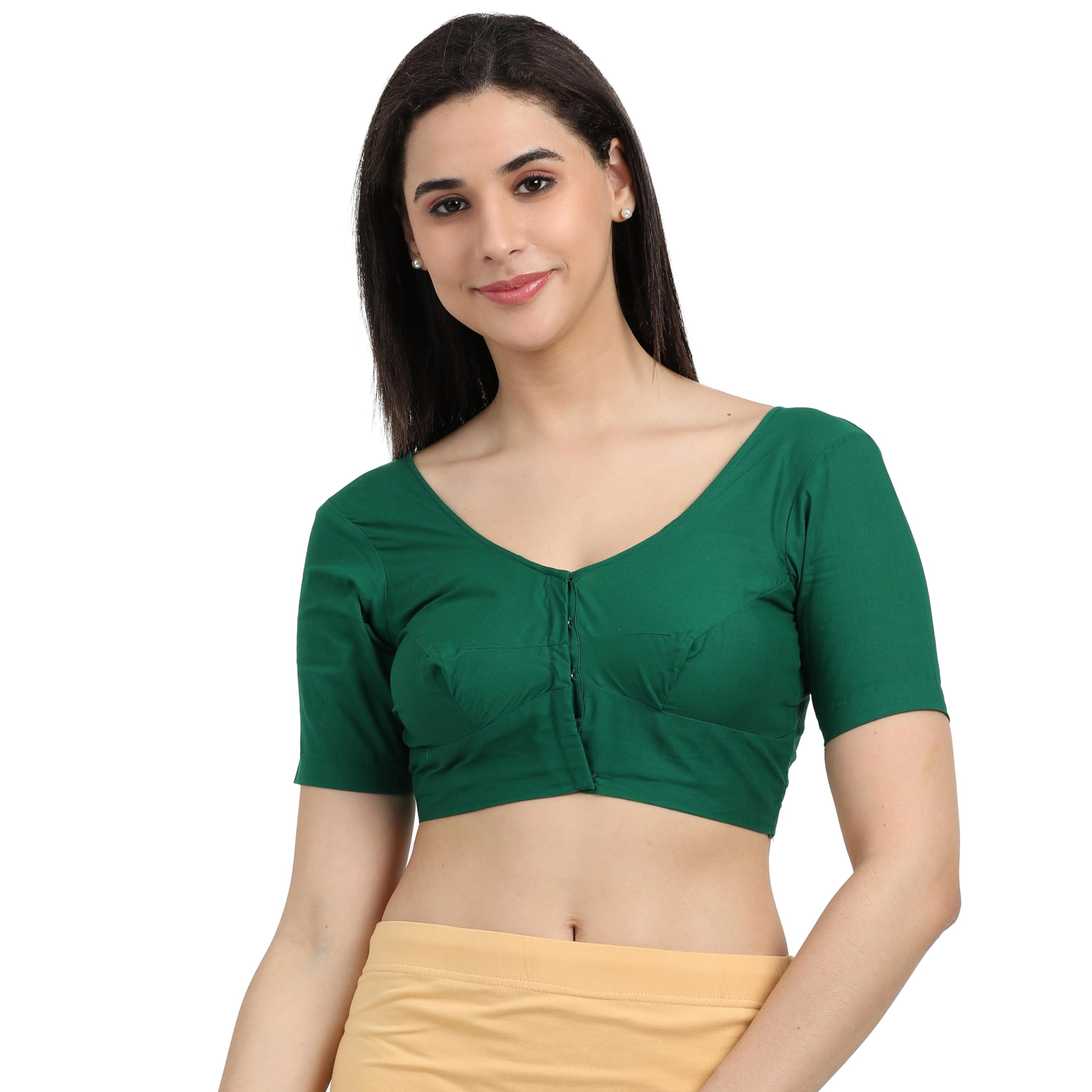 Women's 100% Cotton Saree Blouse (Bra Size Fitting) Front Open with Hook Half Sleeve Solid Colour 38 Green Size (40)-image-49