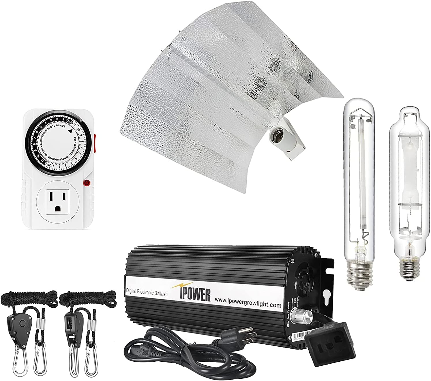 iPower 600W HPS MH Grow Light System Kits, 19-inch Wing Reflector Hood and Digital Dimmable Horticulture Electronic Ballast, Bulbs and Timer Included