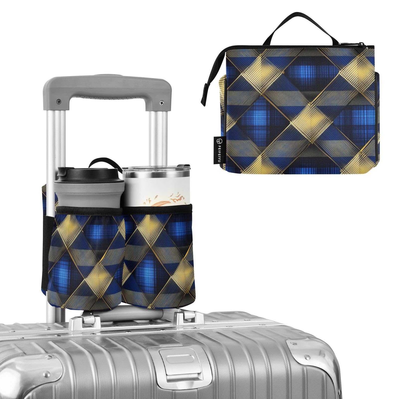 Airport Cup Holder Adjustable Blue and Gold Plaid Holder with Strap Two Cup Holder for Airplane Travelers