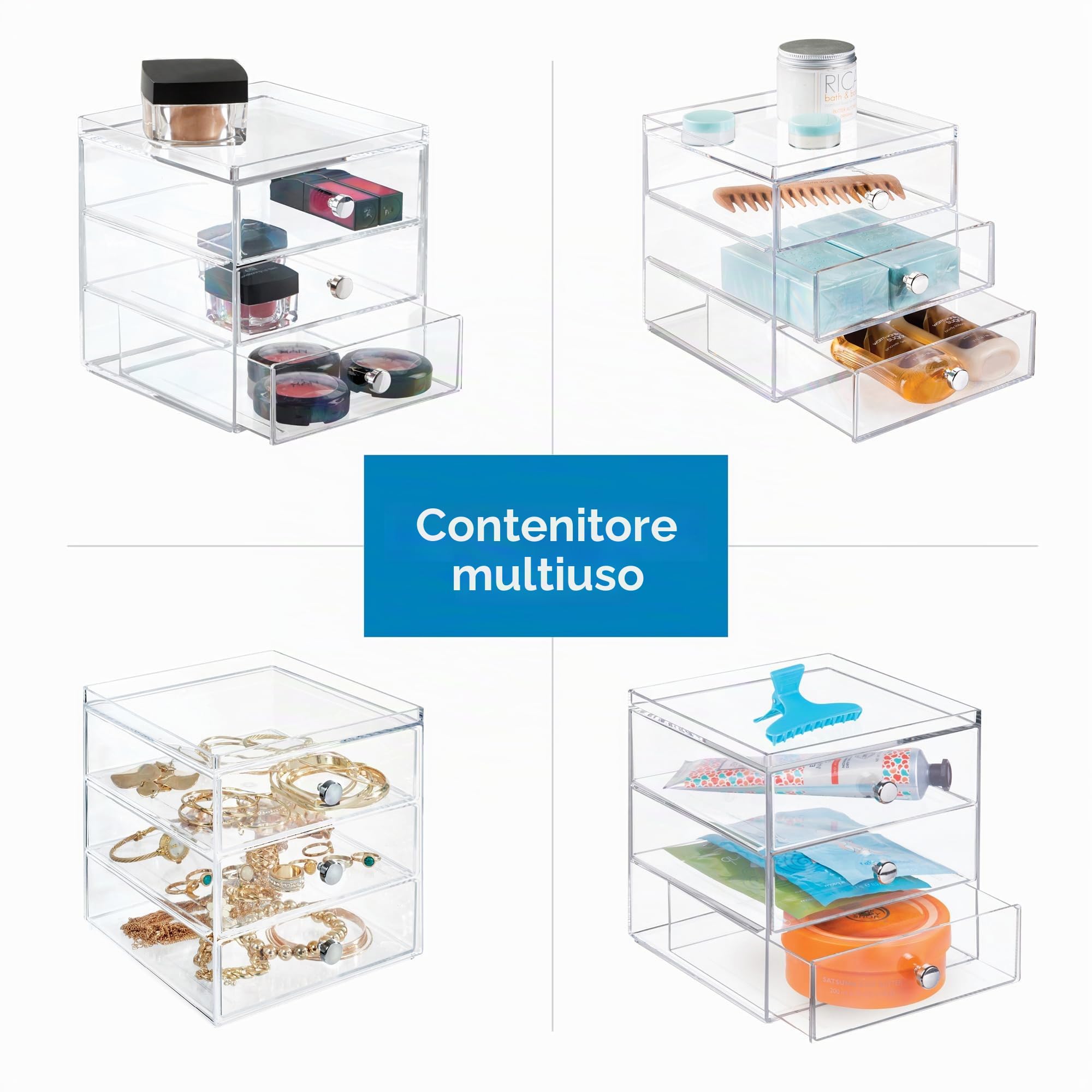 iDesign Porta trucchi con 3 cassetti, Mini cassettiera per make up, cosmetici e gioielli, Organizzatore trucchi impilabile in plastica, trasparente