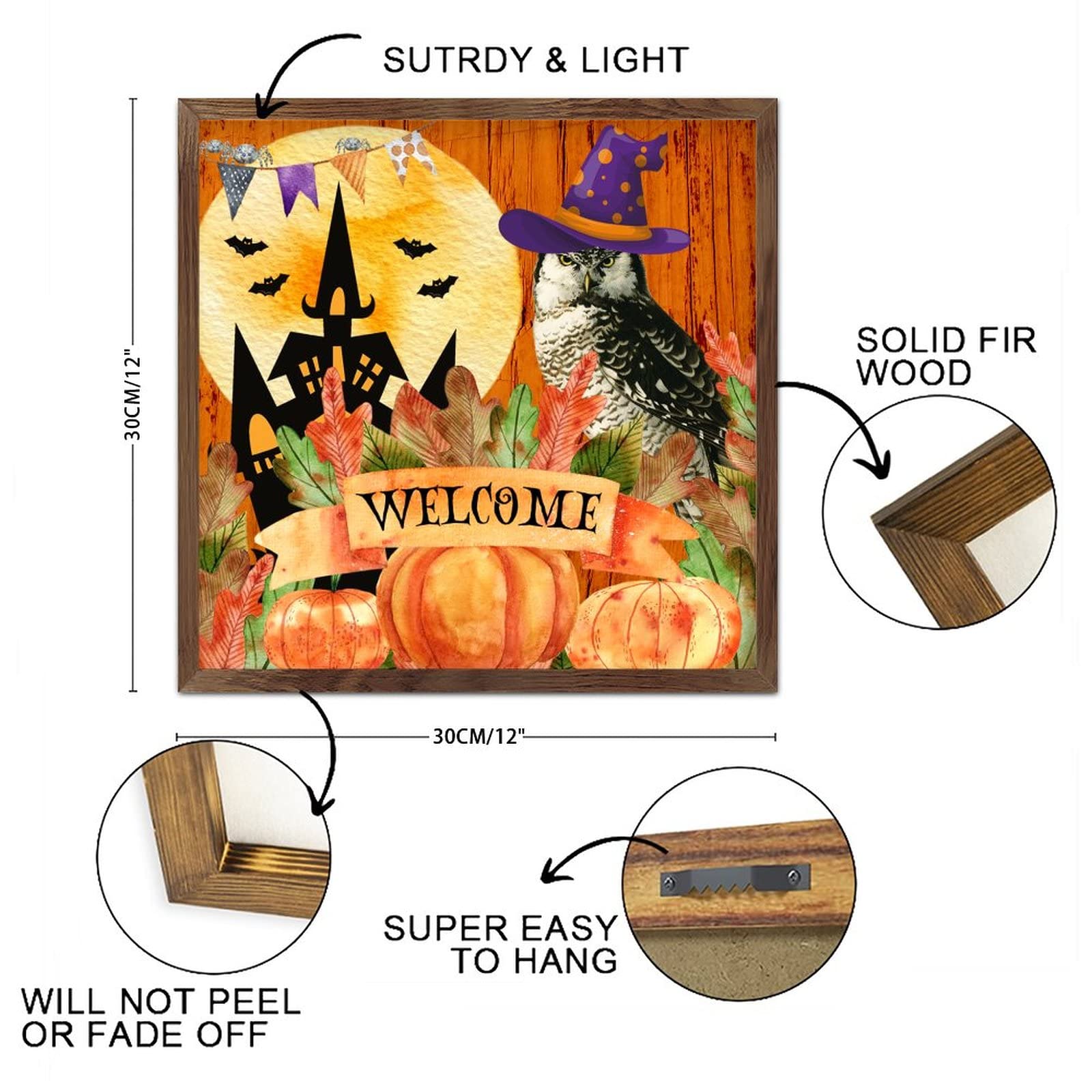 Witamy Halloween Dynia Sowa Czarownica Kapelusz Hunted House Drewna Oprawiony Znak Vintage Halloween Drewniane Tablice Styl Farmy Spersonalizowane Drewniane Znaki Drewniane Dekoracje Ścienne 12x12in