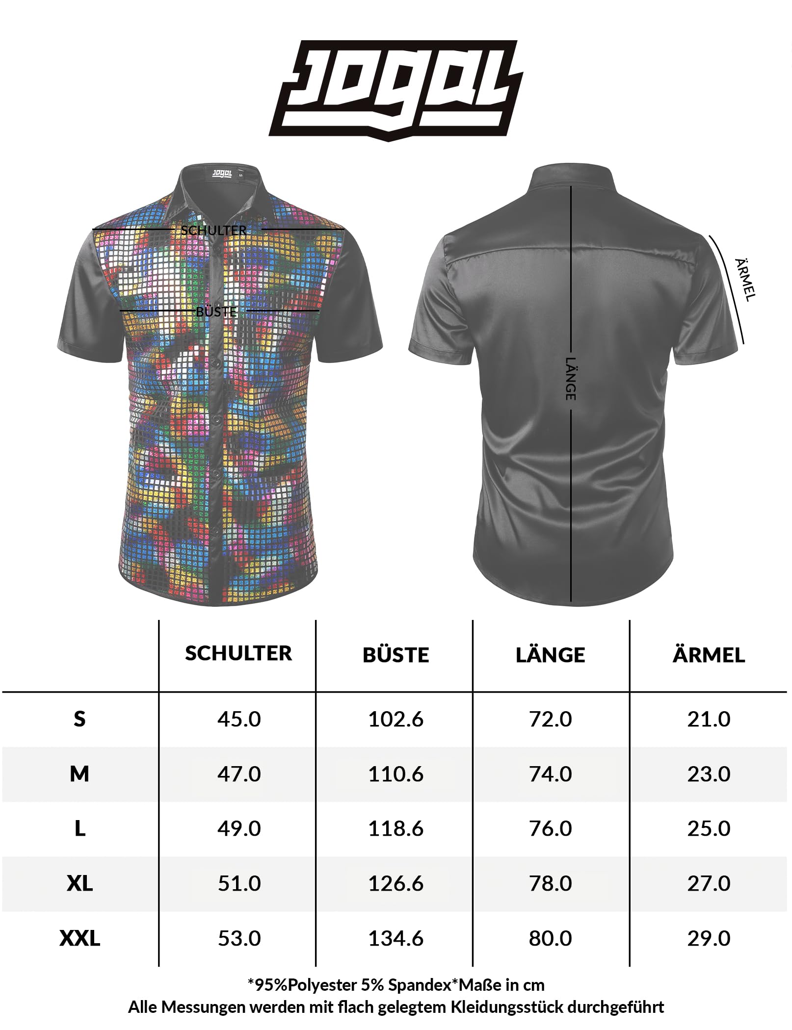 JOGAL - Camicia con paillettes stile discoteca anni '70, a maniche corte per uomo