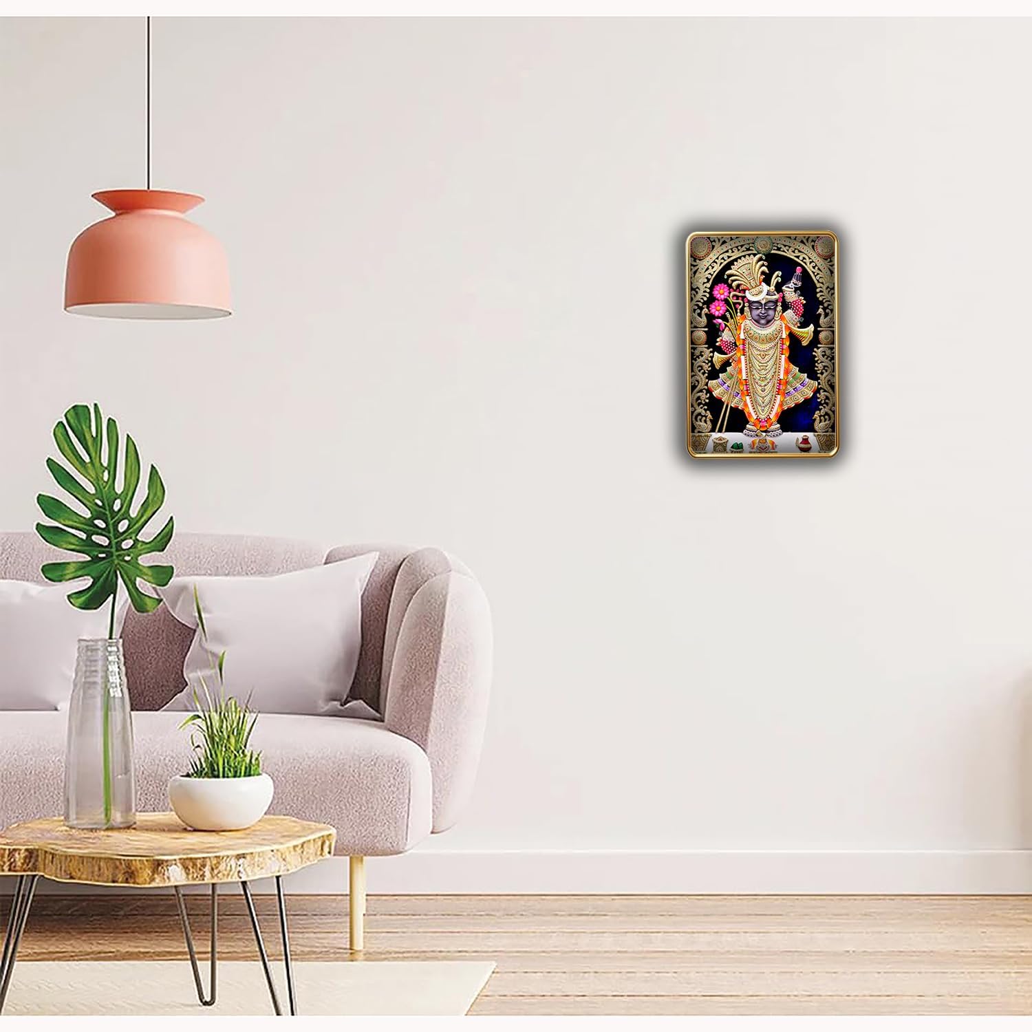 Dharvika Innovations Shrinathji photo frame for wall decoration, paintings for living room, golden slim frame with sparkle coated lamination, painting wall decoration 2415 (12×18 Inch) (Without Glass)