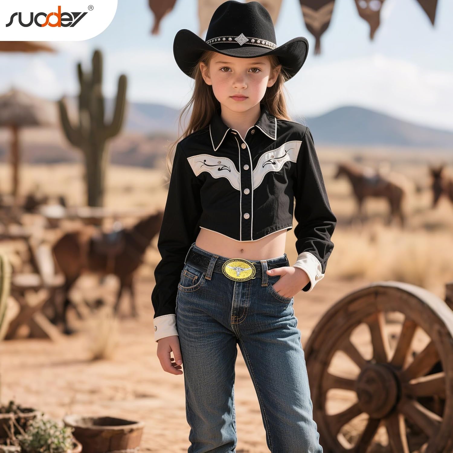 SUOSDEY Kids Western Belt for Boys Girls,Toddler Youth Cowboy Cowgirl Genuine Leather Belt with Longhorn Bull Buckle - Image 2