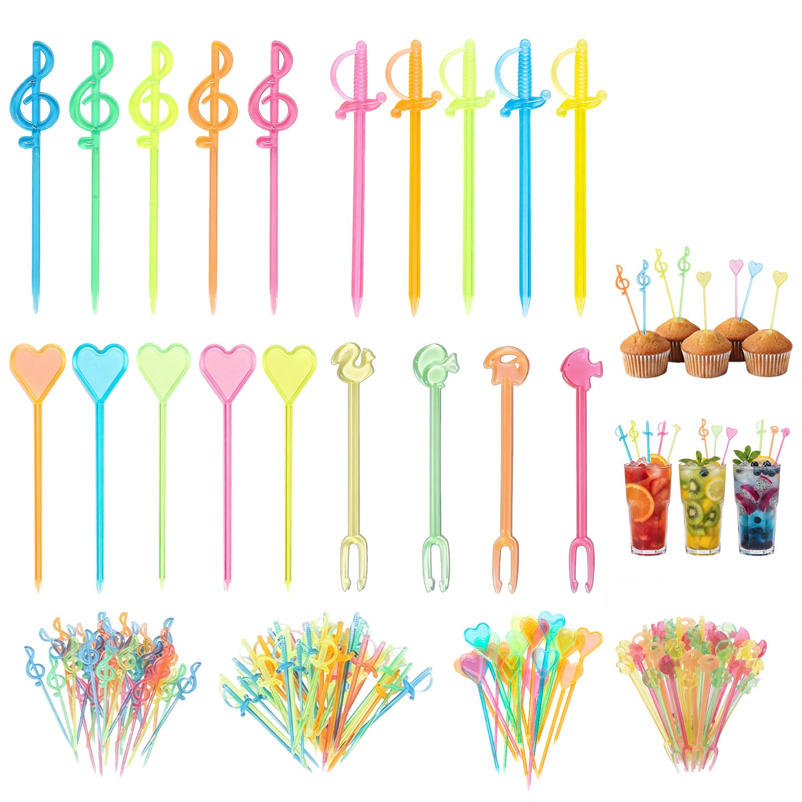 200 Pezzi Stecchini per Aperitivo Stuzzicadenti Decorativi Colorati Stecchini per Spiedini di Frutta Riutilizzabili in Plastica per Cocktail Barbecue Snack Torte Bar Accessori Festa Party