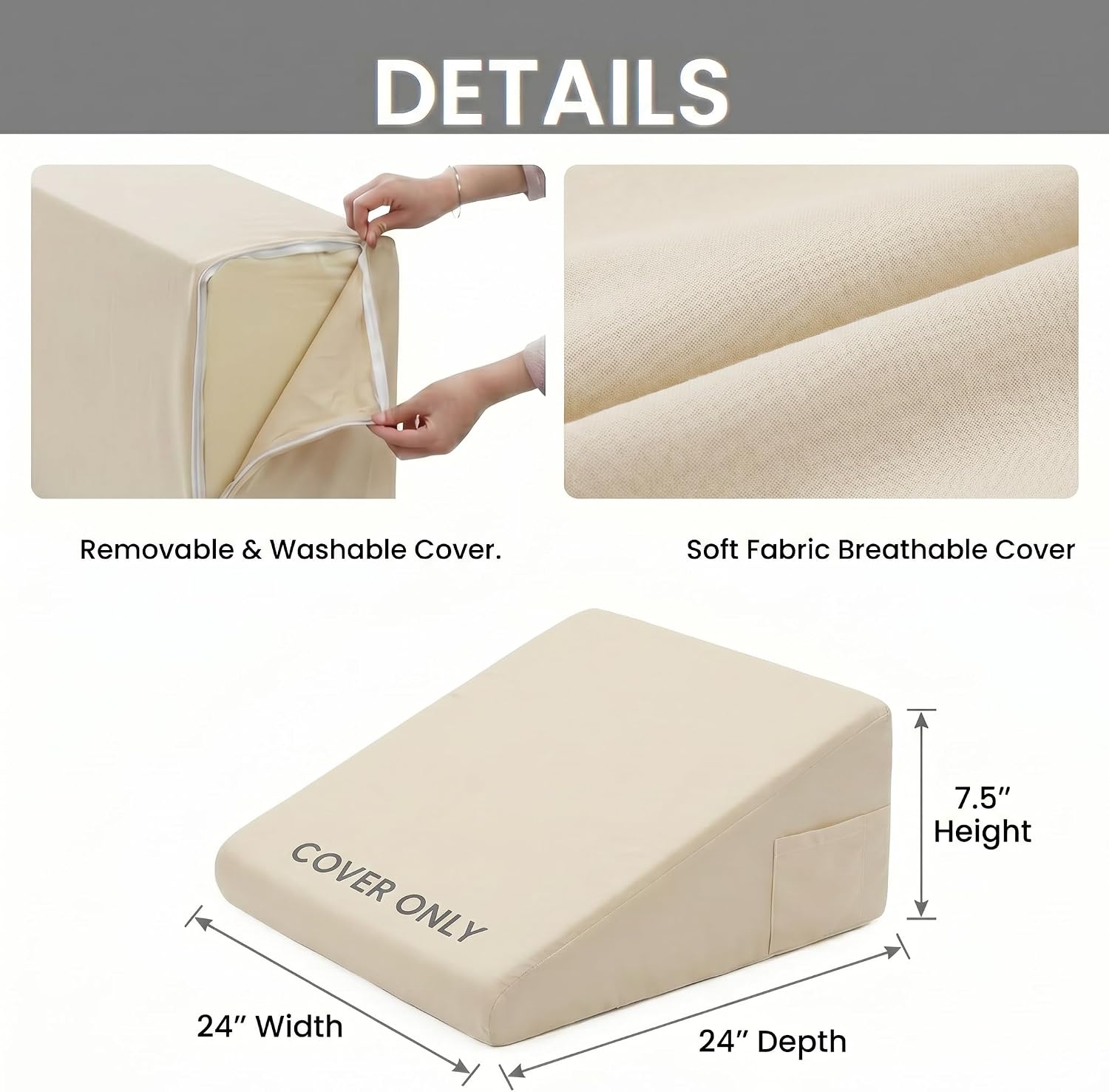 Bed Wedge Pillow Cover Only 24x24x7.5 Inch, Silky & Smooth Wedge Pillow Cases, Removable & Machine Washable-Zipper Design Pillowcase