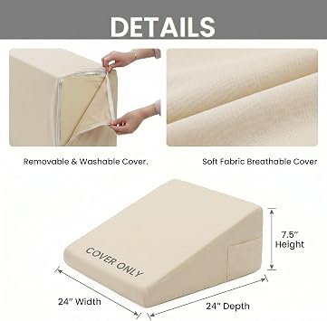 Bed Wedge Pillow Cover Only 24x24x7.5 Inch, Silky & Smooth Wedge Pillow Cases, Removable & Machine Washable-Zipper Design Pillowcase