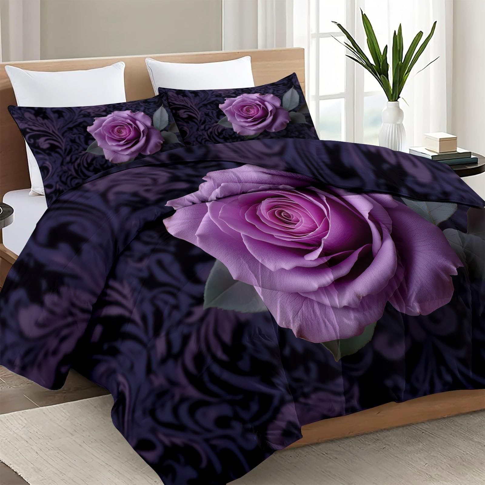 Colcha Estampado Sutil de Rosas de Lujo Cubrecama Ligera Fina Entretiempo Extra Suave 220 x 240 cm Transpirable de Cama de Colchas Acolchadas de Microfibra Colcha a con Púrpura