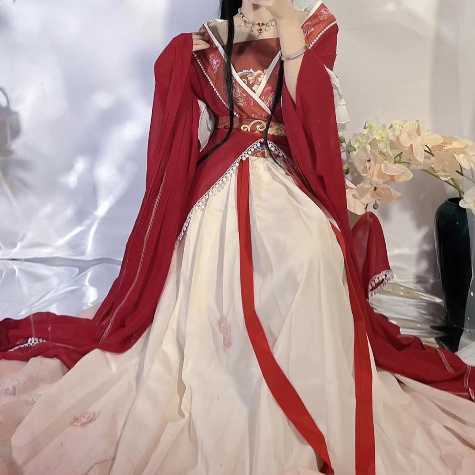 Czerwona Sukienka Hanfu W Stylu Retro W Stylu Chińskim (XS-XL), Długa Spódnica Damska Z Tradycyjnym Nadrukiem, Komplet 5-częściowy, Komfort I Przewiewność, Idealna Na Występy Sceniczne