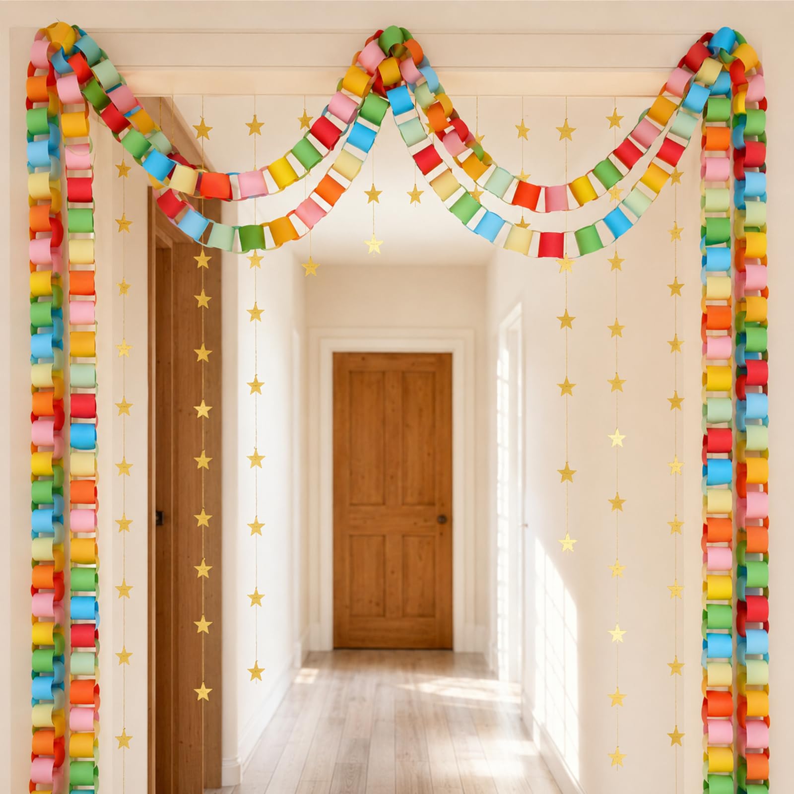 500 hojas de tiras de cadena de papel de 3 x 8 pulgadas, guirnalda de estrellas doradas de 16 m y 30 globos coloridos de arcoíris de 12 pulgadas para manualidades, cumpleaños, boda, festival
