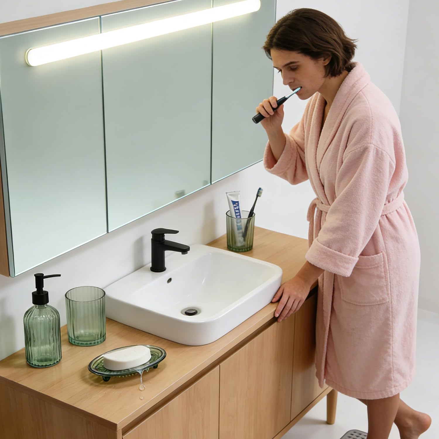 Green Glass Bathroom Accessories Set, 4Pcs Bathroom Set with Soap Dispenser, Toothbrush Holder, Mouthwash Cup & Soap Dish, Sleek Organizer for Contemporary Home/Hotel Decor, Countertop Vanity Organize