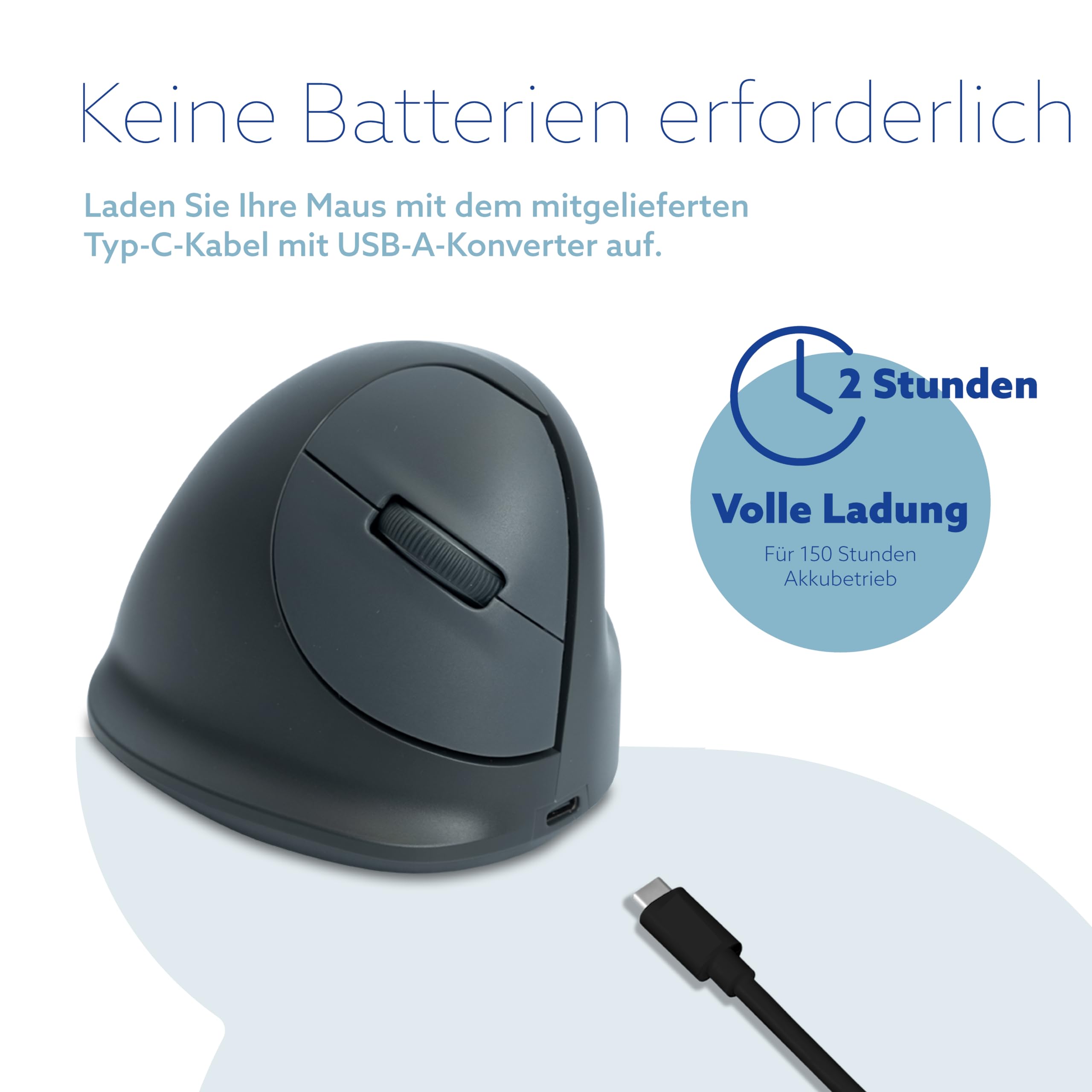 R-Go HE Basic Ergonomische Maus, Bluetooth 5.0, Wiederaufladbare mit Type C/A, Vorbeugung Mausarm/Tennisarm, Vertikale Ergo Maus für Windows/MacOS, 1600DPI und 3 Tasten, Schwarz