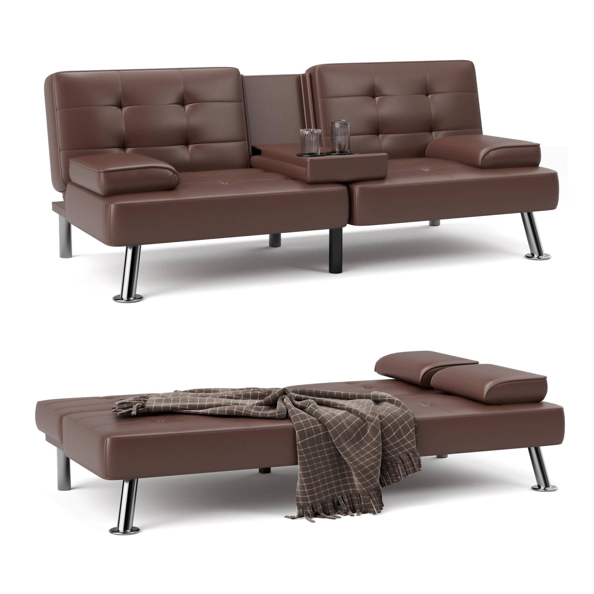 Shahoo Convertible Folding Futon Sofa Bed Sleeper Couch for Living Room Faux Leather Upholstered Loveseat w/Removable Armrests, Metal Legs, 2 Cup Holders, Brown