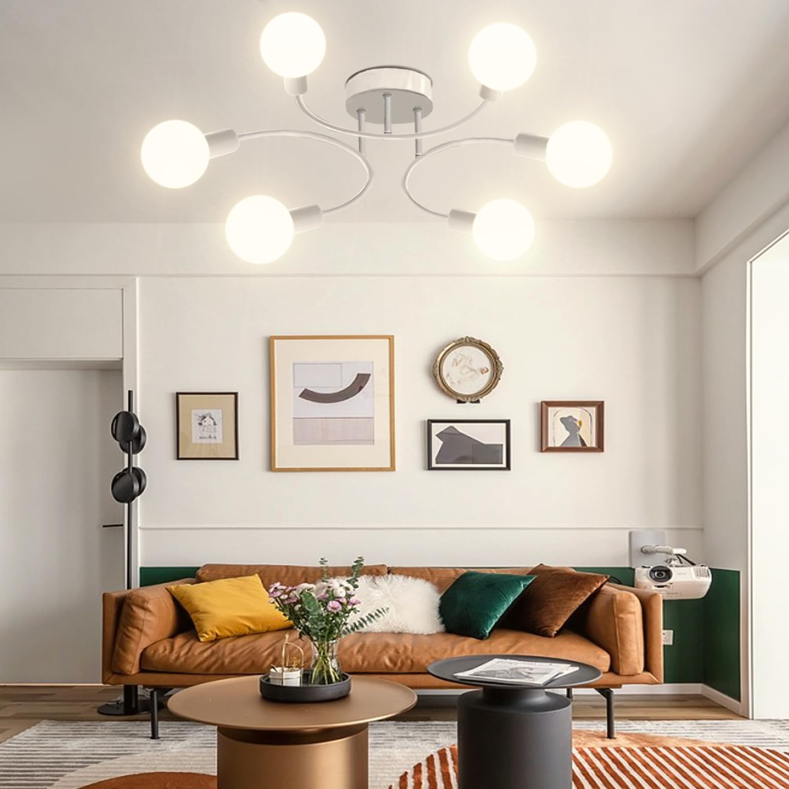 Lampadario Soggiorno Industriale,6 Luci Plafoniera Soffitto Vintage E27,Lampada da Soffitto Bianco, Plafoniera Sputnik per Camera da Letto, Soggiorno, Cucina.Diametro 70CM(Senza Lampadina)