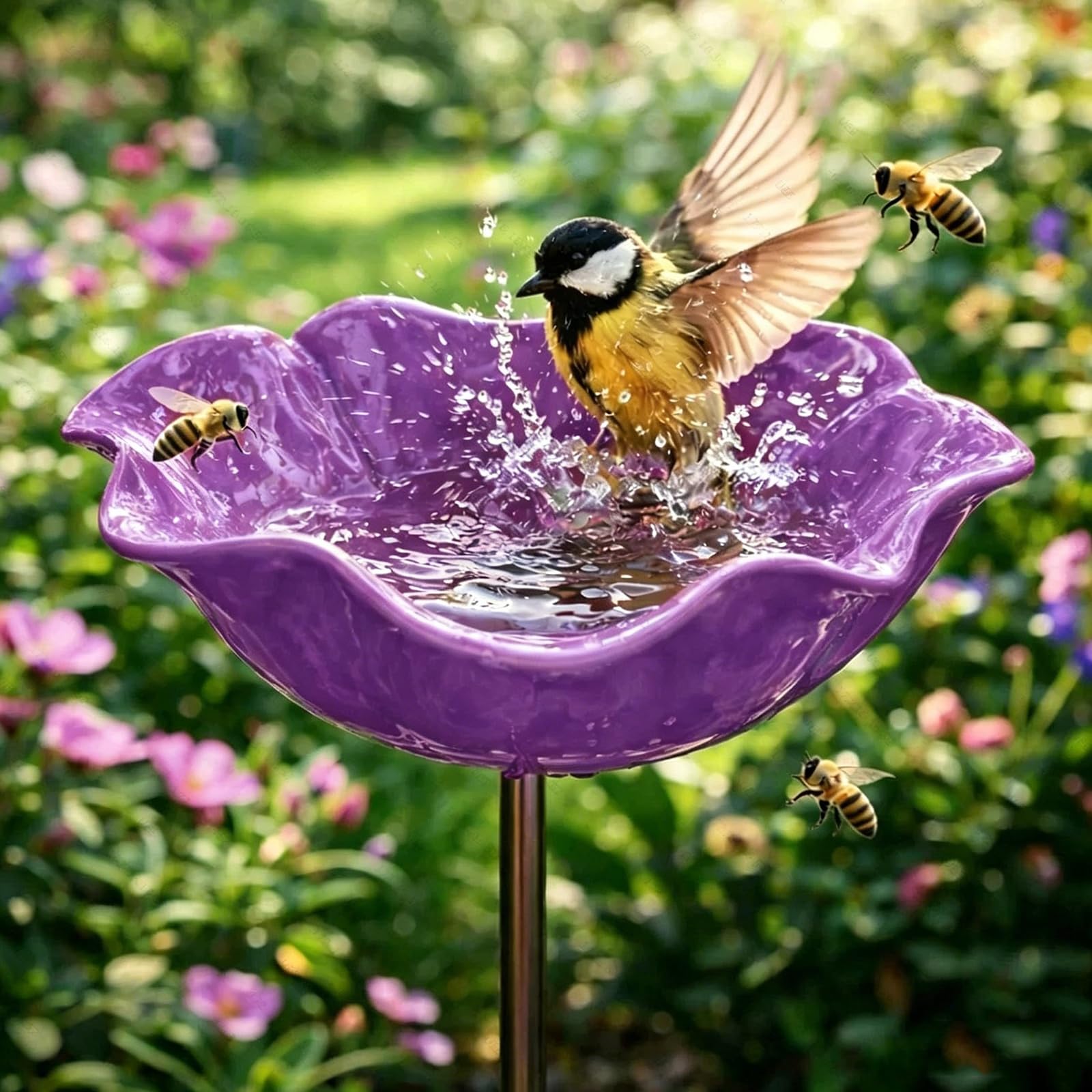 2026 New Handmade Metal Flower Garden Stake Bird Bath, Butterfly Bee Water Feeder with Flower Design, Colorful Outdoor Bird Bath Bowl for Yard, Lawn & Patio Decor — image 1