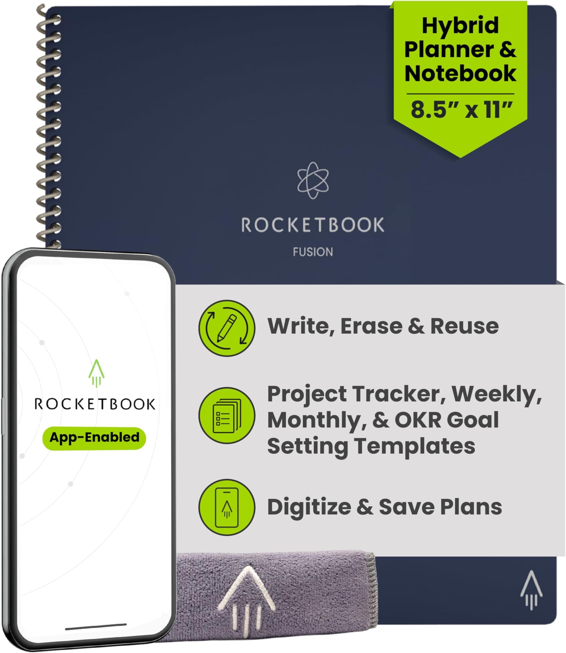 Fusion Smart Reusable Notebook - Calendar, To-Do Lists, and Note Template Pages with 1 Pilot Frixion Pen & 1 Microfiber Cloth Included - Midnight Blue Cover Letter"
