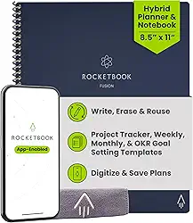 Rocketbook Caderno reutilizável Fusion Smart – calendário, listas de tarefas e páginas de modelo de notas com 1 caneta Pilot Frixion e 1 pano de microfibra incluído – capa azul meia-noite,