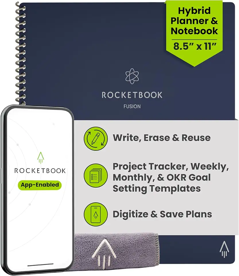 Rocketbook Caderno reutilizável Fusion Smart – calendário, listas de tarefas e páginas de modelo de notas com 1 caneta Pilot Frixion e 1 pano de microfibra incluído – capa azul meia-noite,